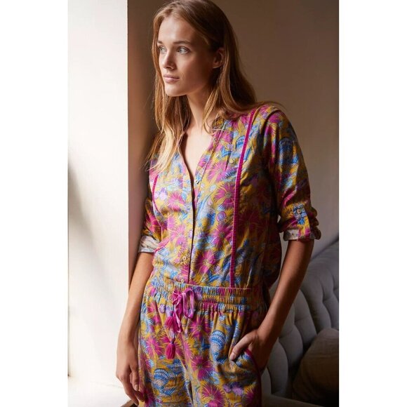 Anthropologie Small Floral Boho Pink Print Fleece Button-Down PJ Top or Blouse - Picture 2 of 11